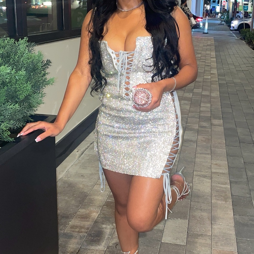 Rhinestone Lace Up Mini Dress